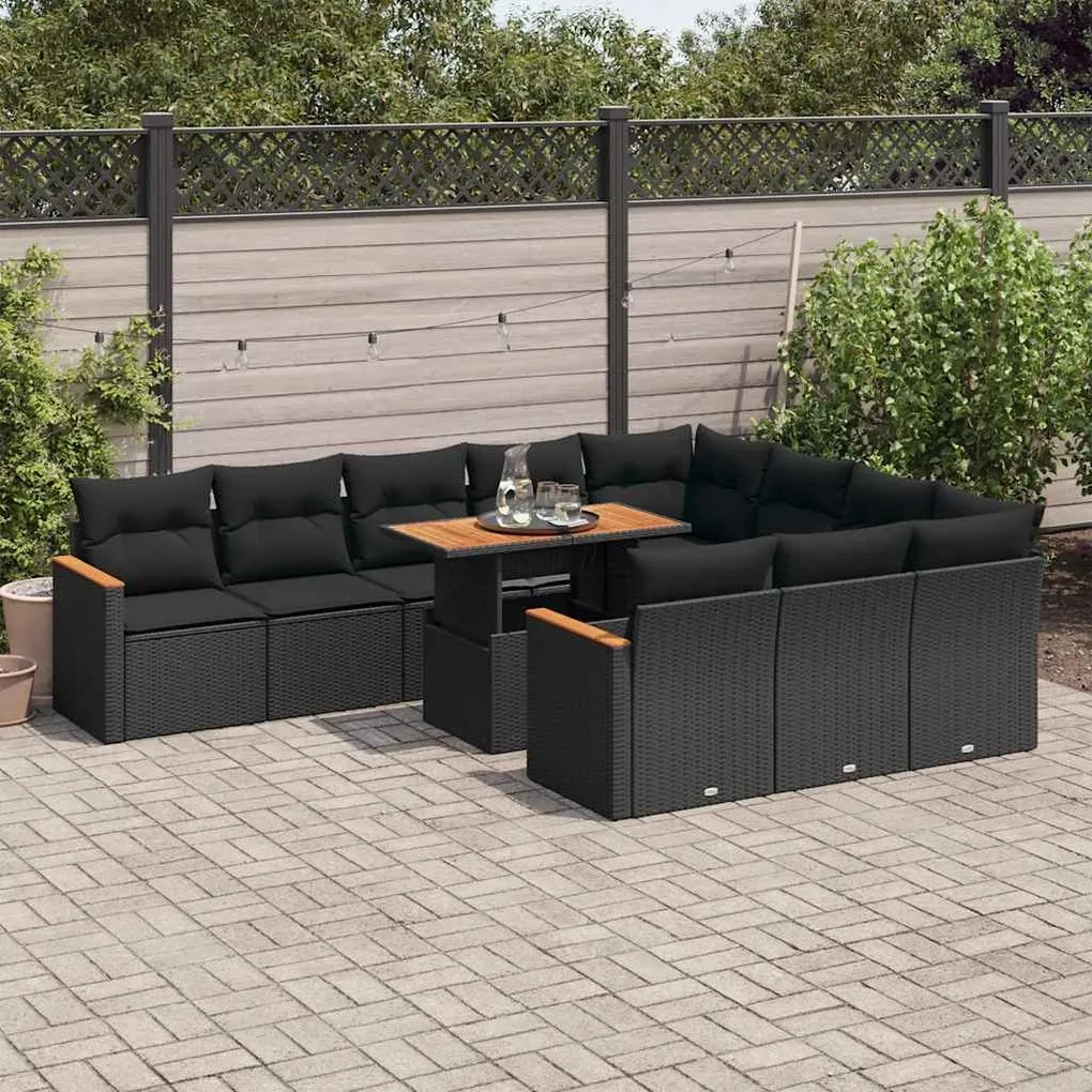 Set divani da giardino 11 pz con cuscini polyrattan acacia nero