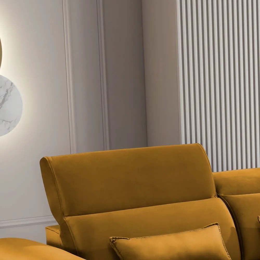 Divano angolare giallo allungabile/con contenitore (con penisola a destra/con chaise lounge) e rivestimento in velluto Foble – ELTAP