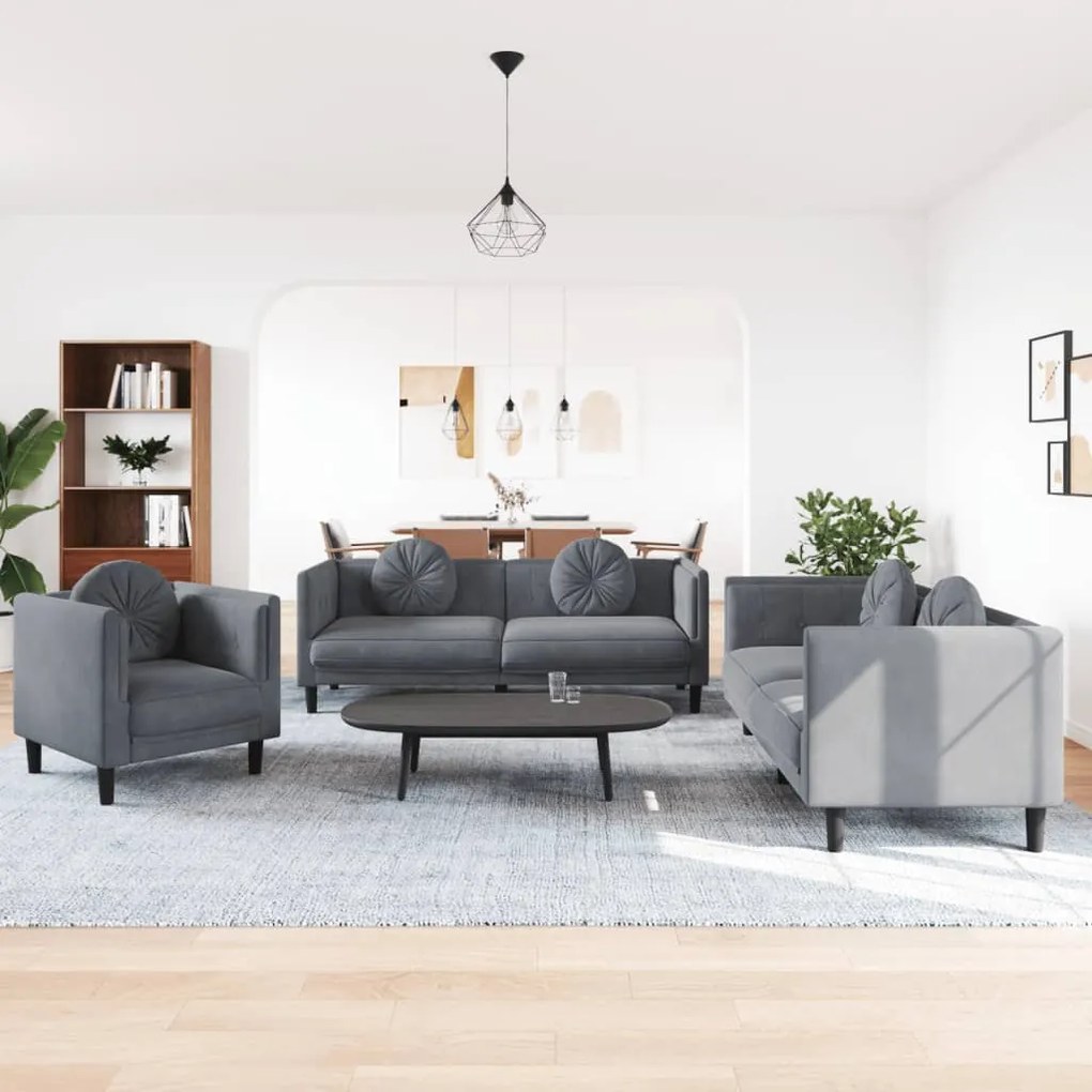 Set Di Divani 3 Pz Con Cuscini Grigio Scuro İn Velluto /
