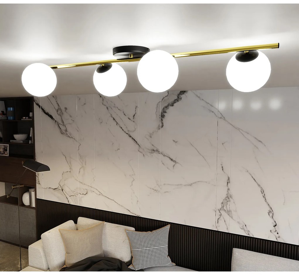 Plafoniera Contemporanea 4 Luci Eracle In Acciaio Oro/Nero E Sfere Vetro Bianco
