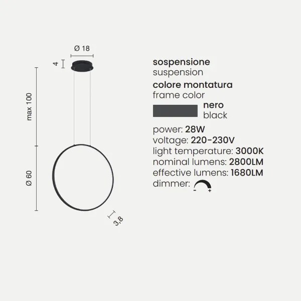 Lampada a sospensione con cerchio verticale in metallo Nero 60 cm NOVA