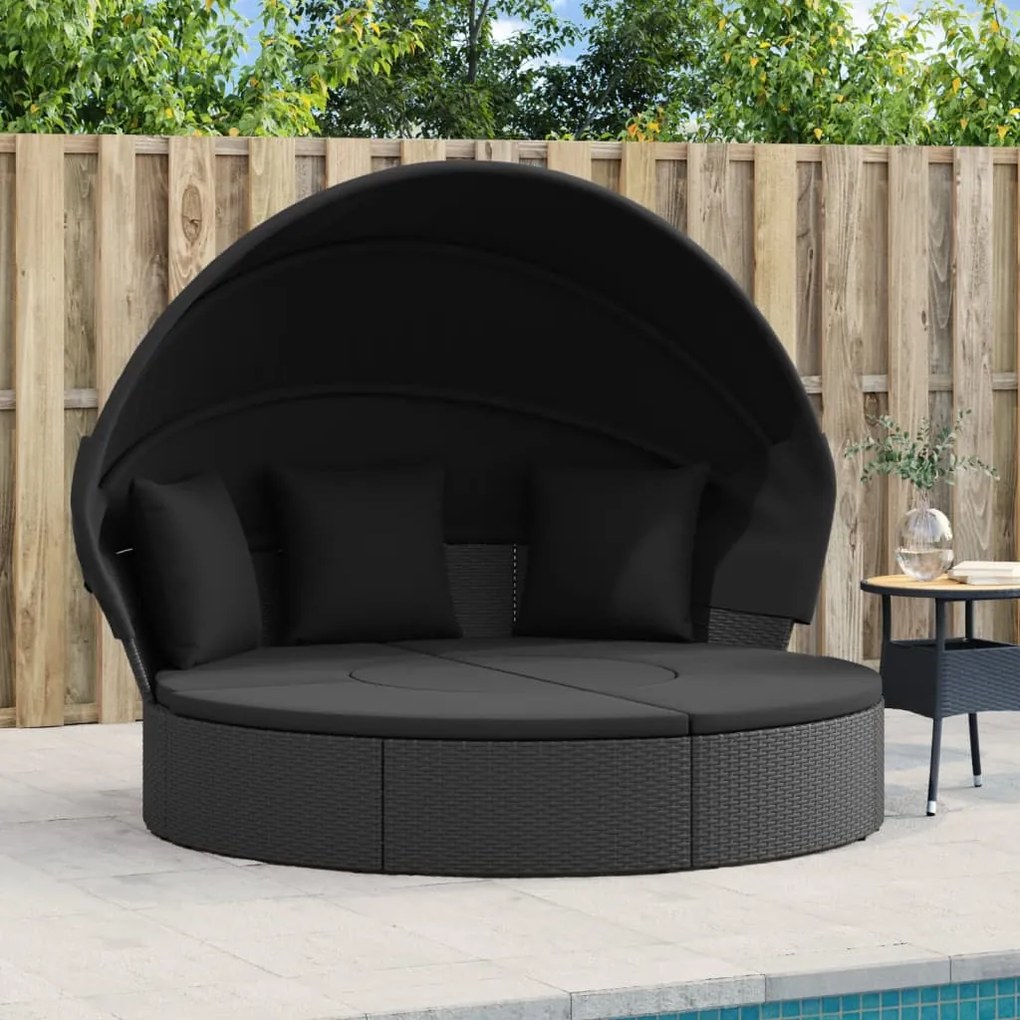 Lettino Prendisole Esterno Tetto E Cuscini Nero İn Polyrattan /