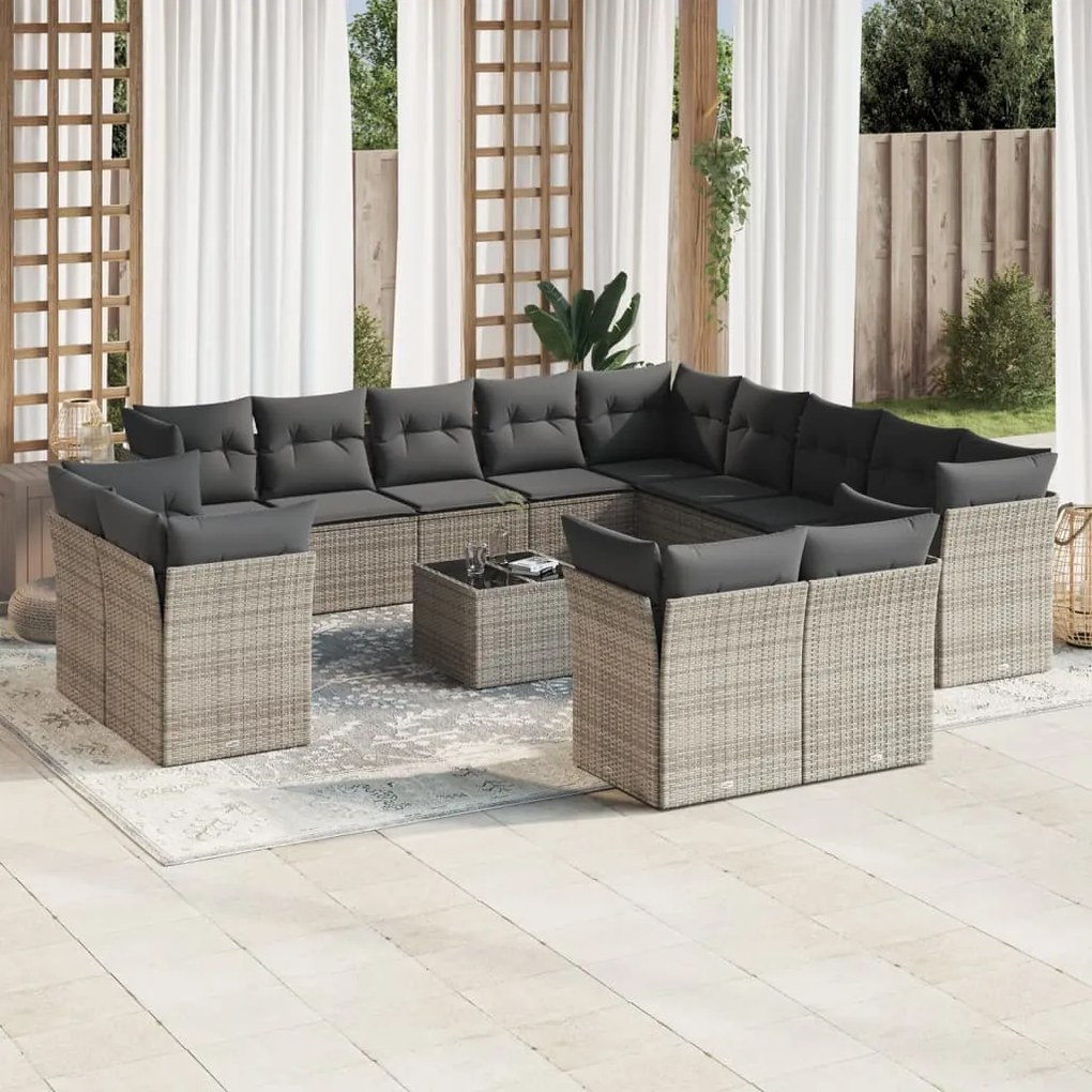 Set Divani da Giardino 14pz con Cuscini in Polyrattan Grigio