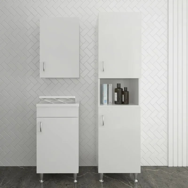 Set da 45 cm con lavatoio colonna e pensile in legno nobilitato bianco Fedra