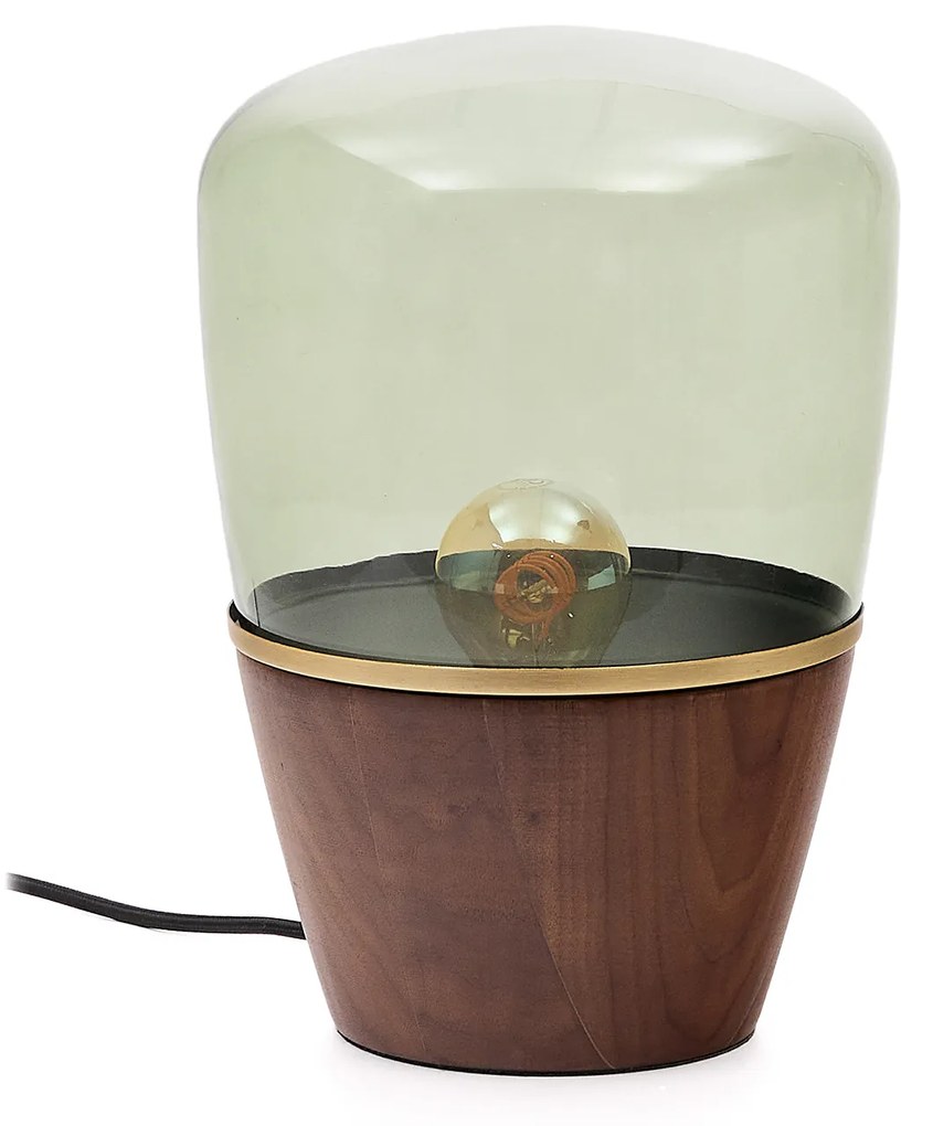 Kave Home - Lampada da tavolo Silex in impiallacciatura di noce e vetro verde
