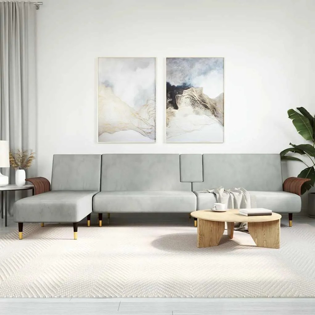Divano Letto A L Grigio Chiaro 279x140x70 Cm İn Velluto /