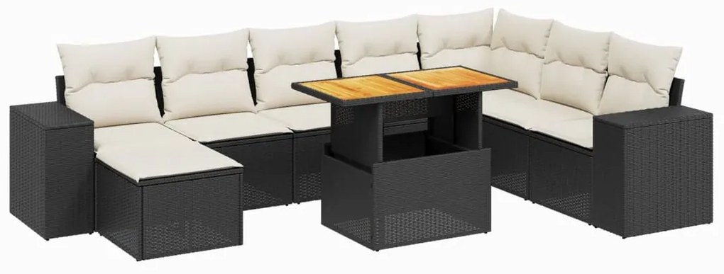 Set divani da giardino 9 pz con cuscini nero in polyrattan