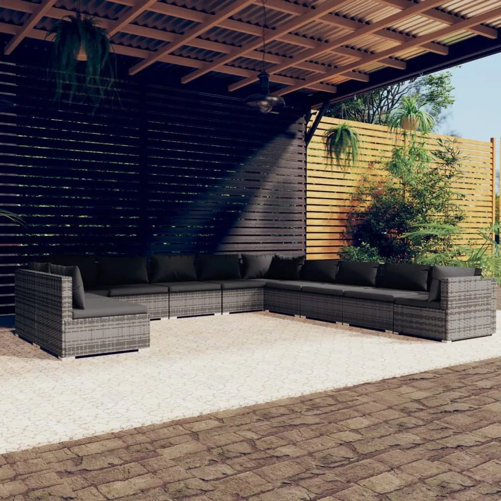 Set Divani da Giardino 11 pz con Cuscini in Polyrattan Grigio