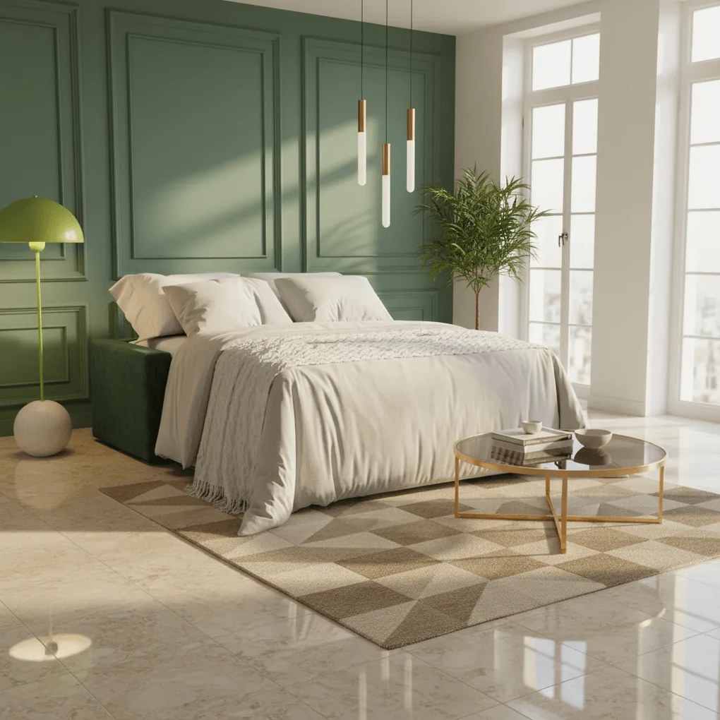 Diomede Divano letto matrimoniale in velluto easy clean sfoderabile - design moderno e comfort in T35 verde