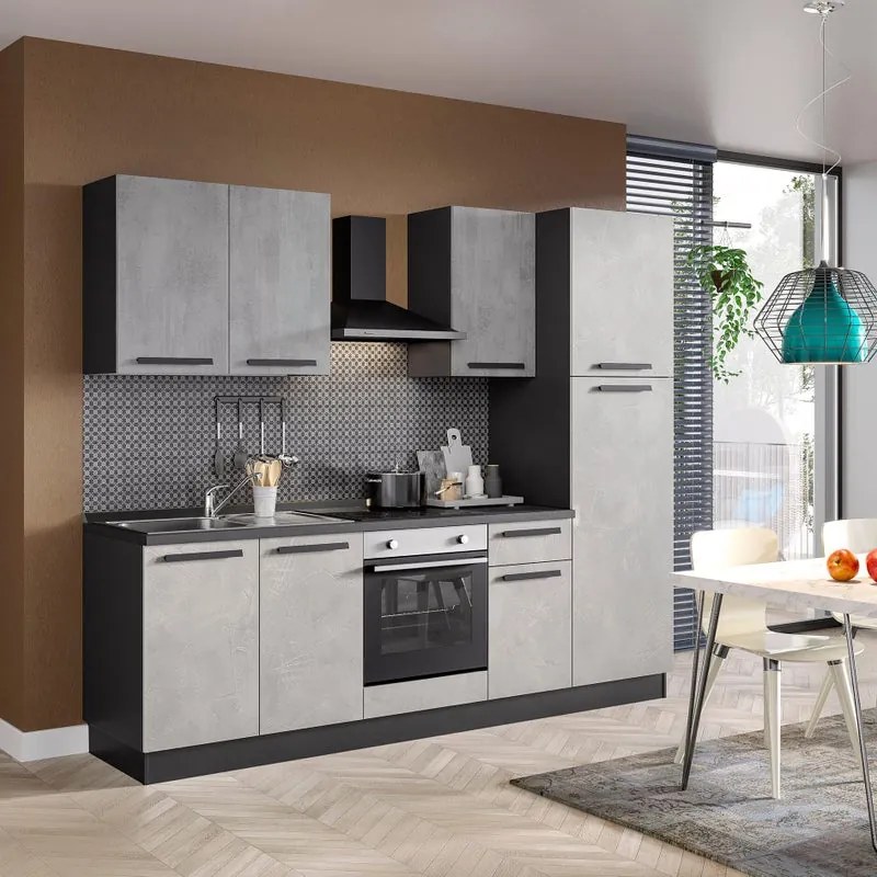 Cucina montata Dora bianco e grigio chiaro, lavello a sinistra, L.255 cm, completa di: cappa a camino, piano cottura a induzione, forno e frigorifero