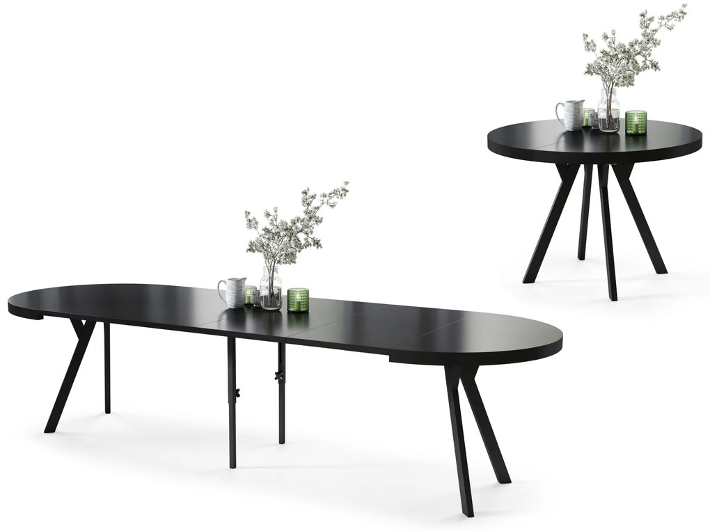 VITO Nero Opaco/gambe nere – TAVOLO ROTONDO GRANDE Ø110 ALLUNGABILE FINO A 310 cm CON GAMBE A Y STILE LOFT/INDUSTRIALE