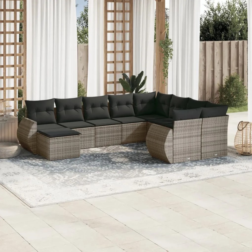 Set divano da giardino 10 pz con cuscini grigio in polyrattan