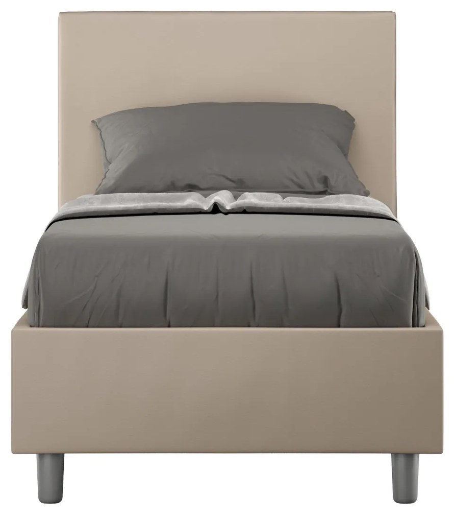 Letto singolo imbottito similpelle Adele senza rete, con rete e contenitore, Tortora / Con rete