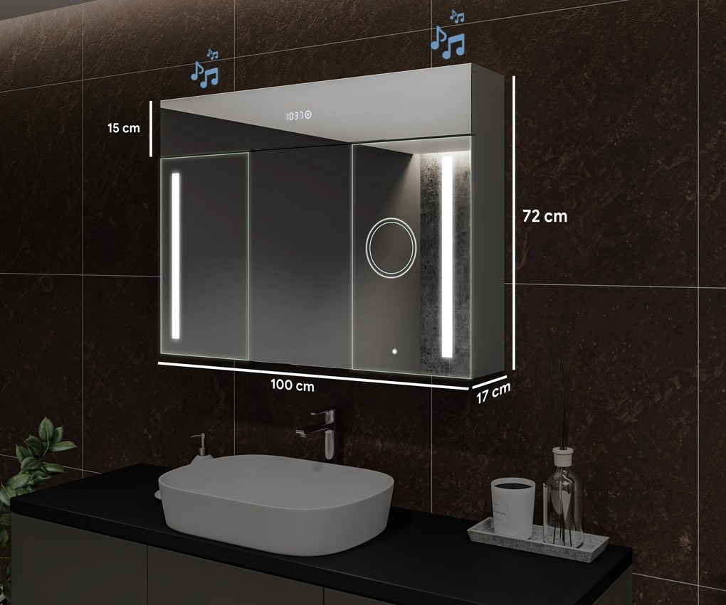 Mobile illuminato con specchio LED, modello Emily L02 - 100 x 72 cm, mobile da bagno dal design moderno con configurazione dell’interruttore dell’illuminazione, nel colore Rovere Antico