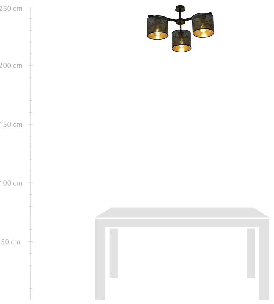 Plafoniera Industrial 3 Luci Cigno In Acciaio Nero E Paralumi A Cilindro Oro