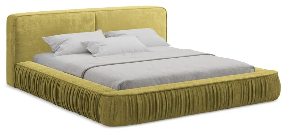 Letto matrimoniale imbottito giallo con contenitore e rete inclusi 160x200 cm Keoni – Makamii