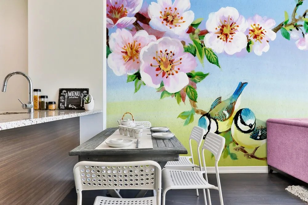 Carta da parati – Cinciallegre e fiori in fiore