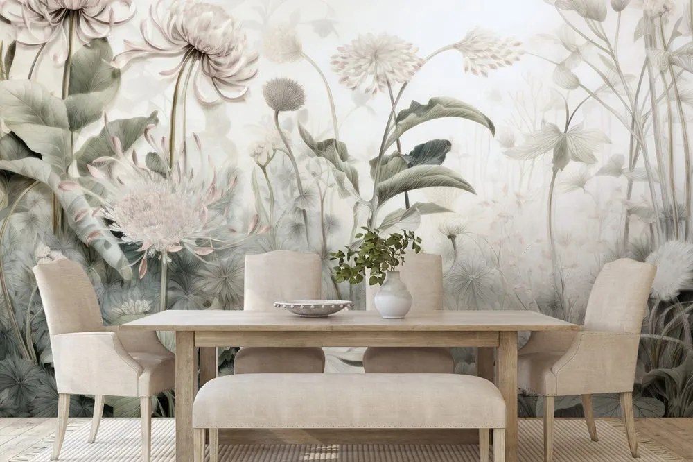 Carta da parati – Fiori avvolti dalla natura con contrasto beige
