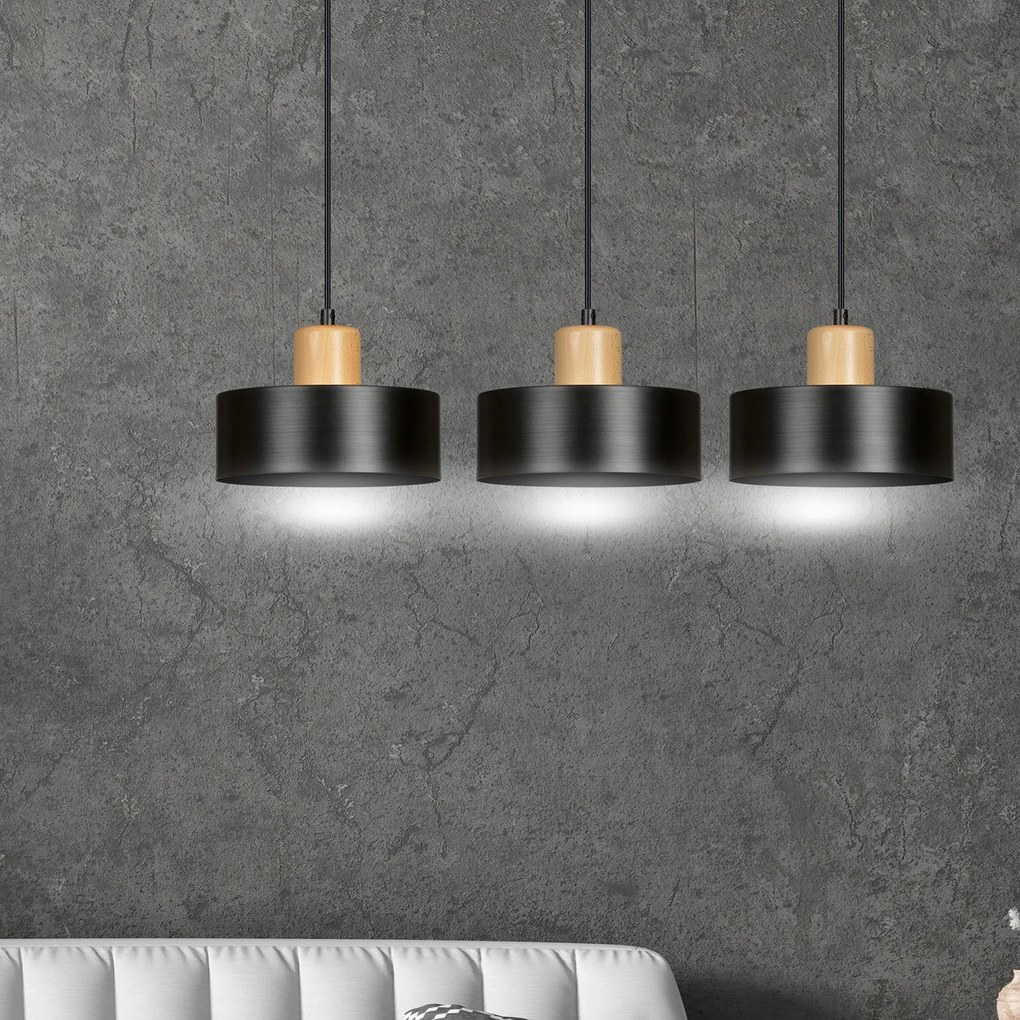 Sospensione Nordica 3 Luci Surya In Acciaio Nero E Legno