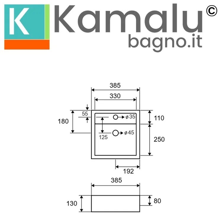 Kamalu - lavandino da appoggio piccolo 38,5 cm quadrato bianco | litos-241