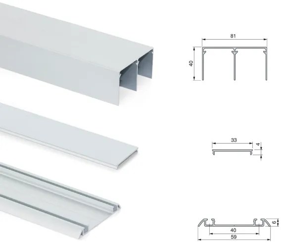 Sistema a scorrimento inferiore per armadio 2 ante di spessore 16 mm, con chiusura soft e profili in alluminio (pannelli non inc