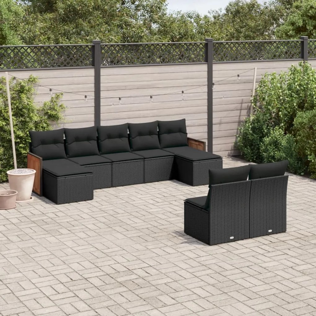 Set divani da giardino 9 pz con cuscini nero in polyrattan