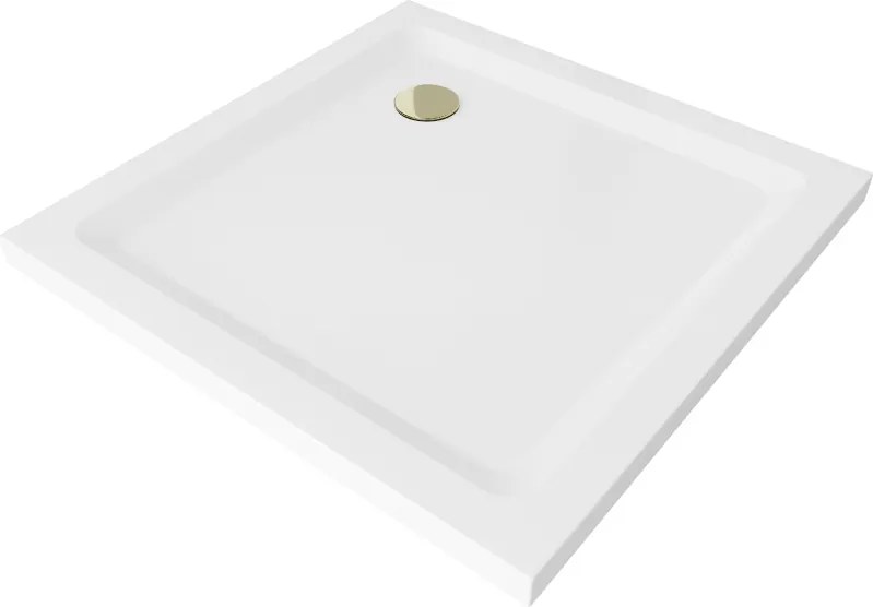Mexen Flat piatto doccia quadrato slim 80 x 80 cm, bianco, sifone dorato - 40108080G