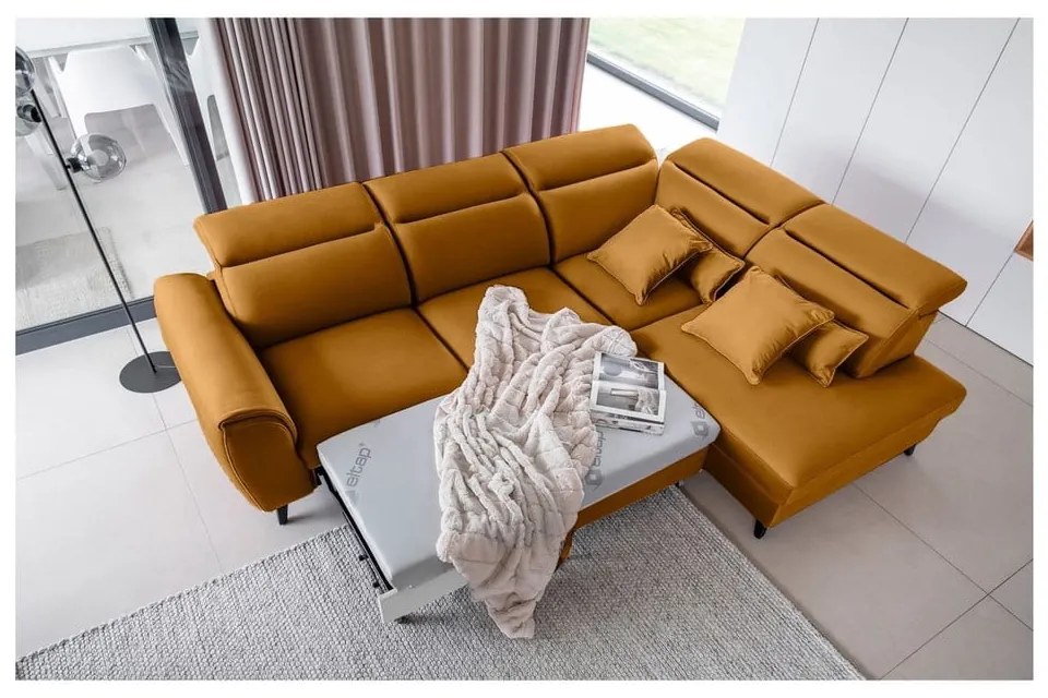 Divano angolare giallo allungabile/con contenitore (con penisola a destra/a L) e rivestimento in velluto Noble – ELTAP