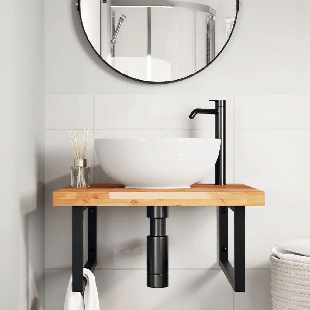 Ripiano a parete per lavabo in acciaio e massello di acacia