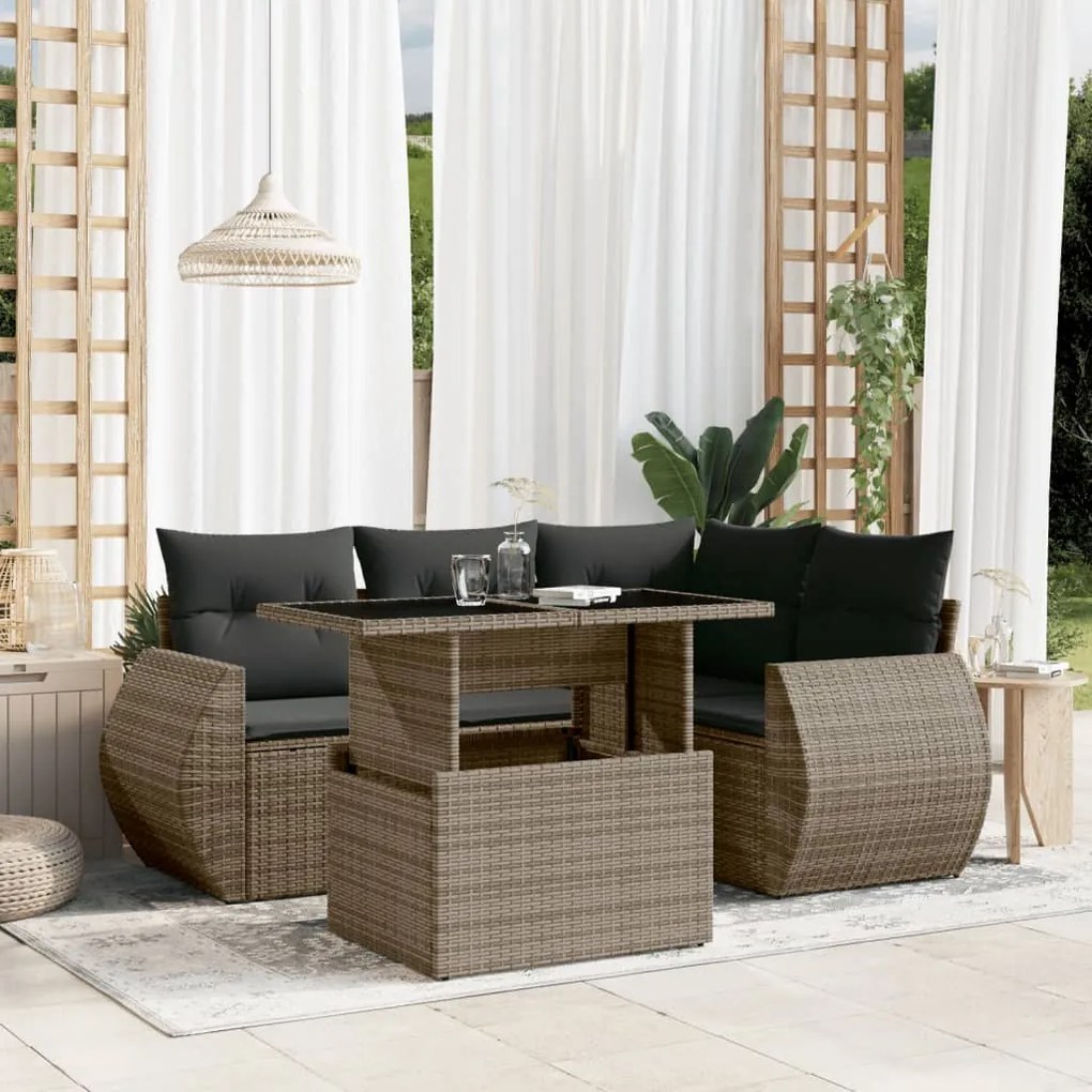 Set divano da giardino 5 pz con cuscini grigio in polyrattan