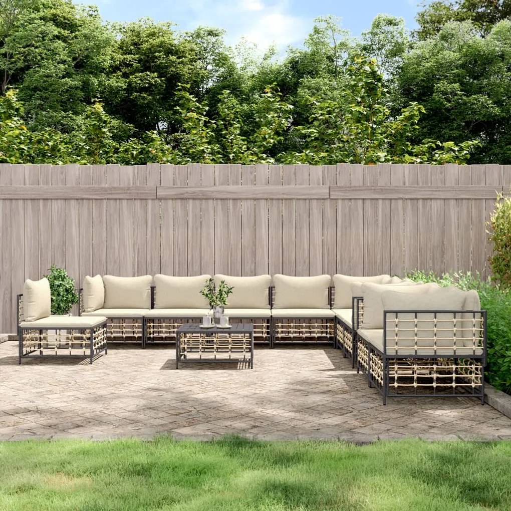 Set divani da giardino 11pz con cuscini in polyrattan antracite