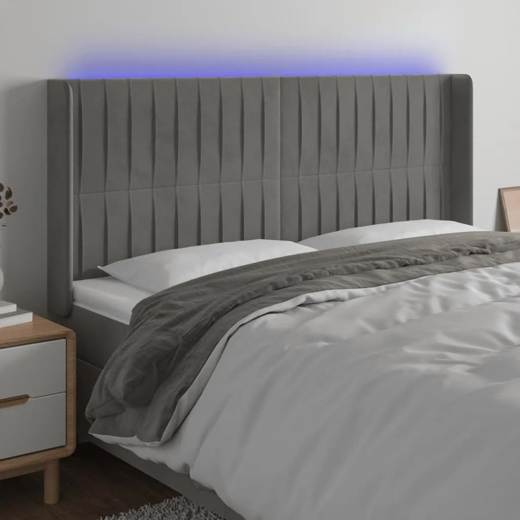 Testiera A Led Grigio Chiaro 183x16x118/128 Cm İn Velluto /