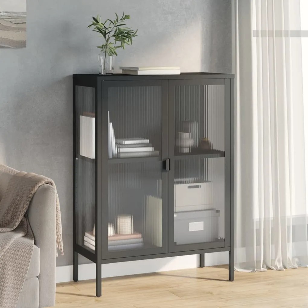 Credenza Nera 75x35x105 Cm Vetro E Acciaio /