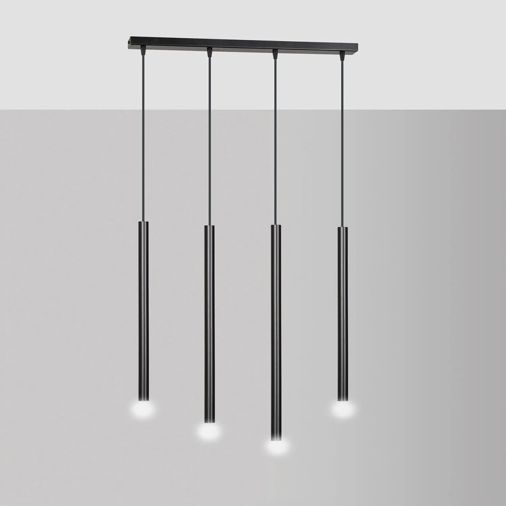 Lampadario 4 Luci Moderno Shu Acciaio Nero E Paralumi A Cilindri Sottili