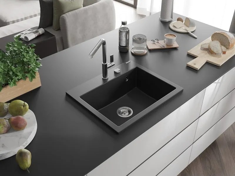 Mexen Oscar lavello da cucina in granito a 1 vasca 580 x 490 mm, nero, sifone cromato - 6519581000-77