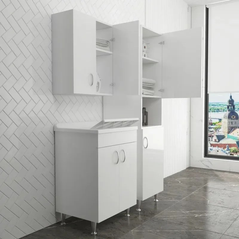 Set da 60 cm con lavatoio colonna e pensile in legno bianco Fedra