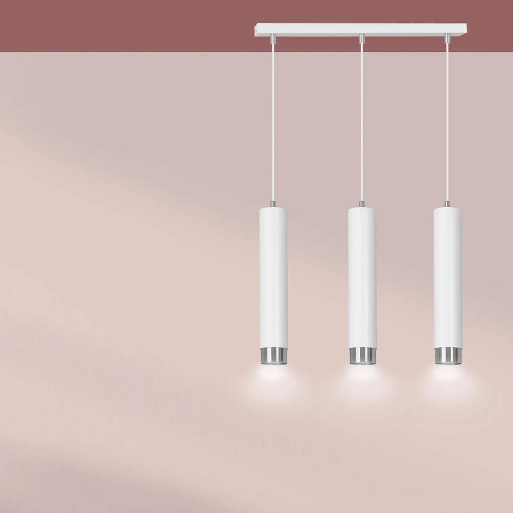 Lampadario 3 Luci Brunilde In Acciaio Bianco E Tubolari In Bianco E Cromo