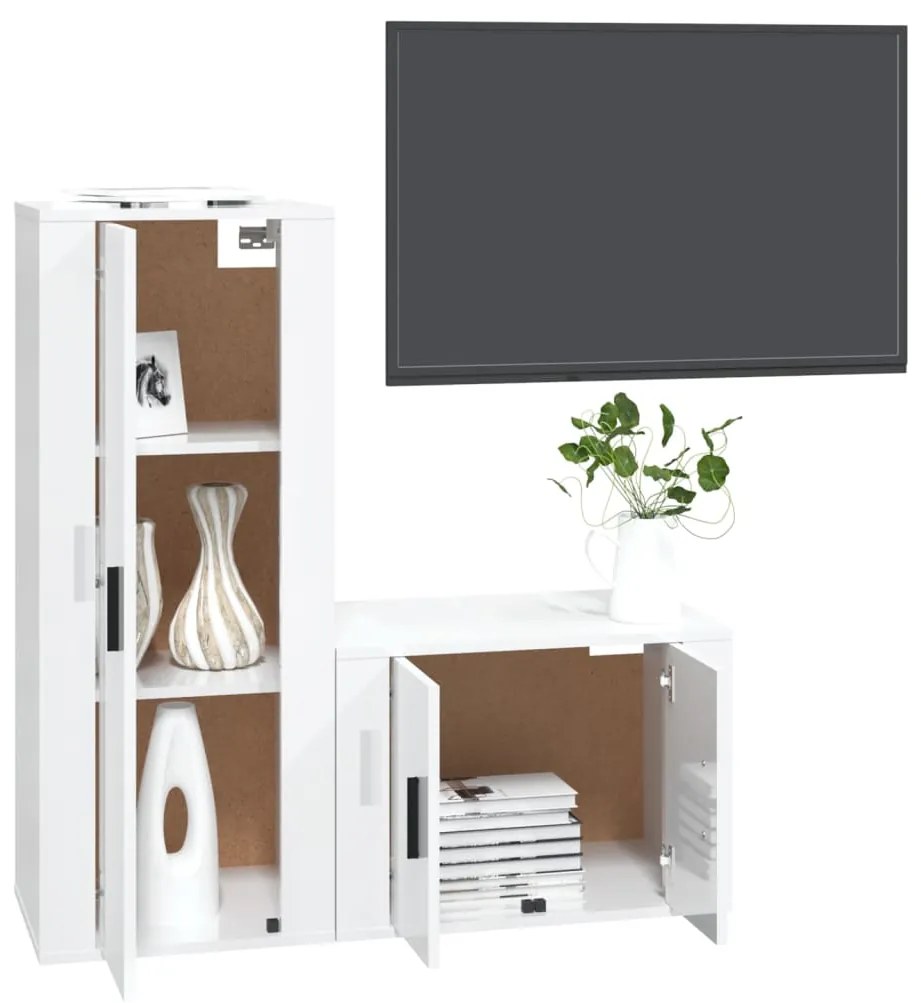 Set di mobili porta tv 2 pz bianco lucido in legno multistrato