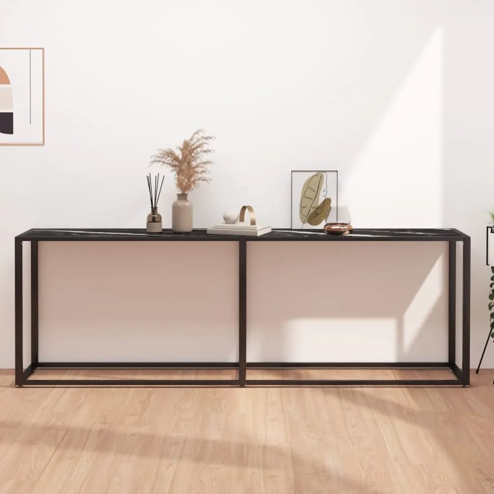 Tavolo Consolle Marmo Nero 220x35x75,5 Cm İn Vetro Temperato /