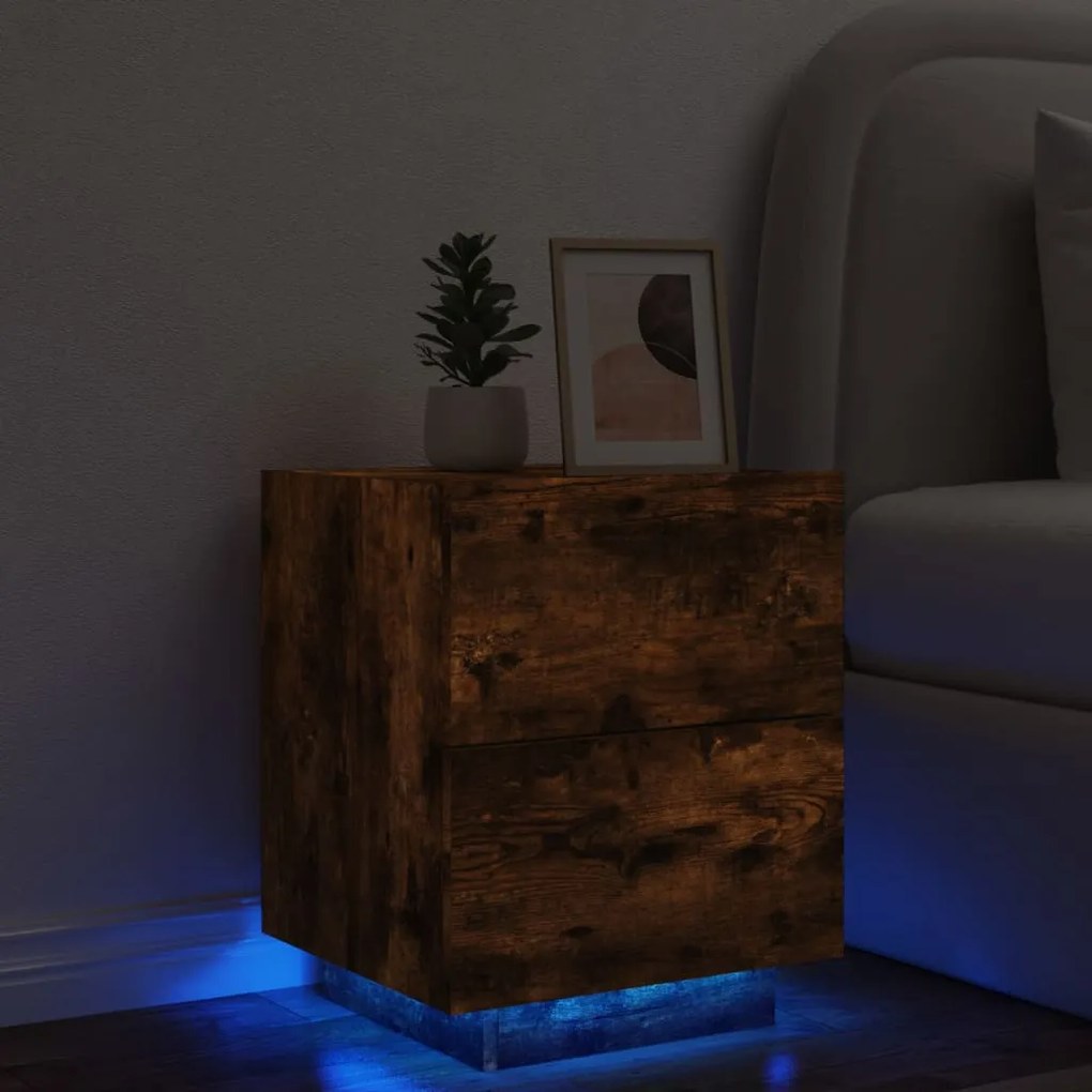 Comodino con luci led rovere fumo in legno multistrato