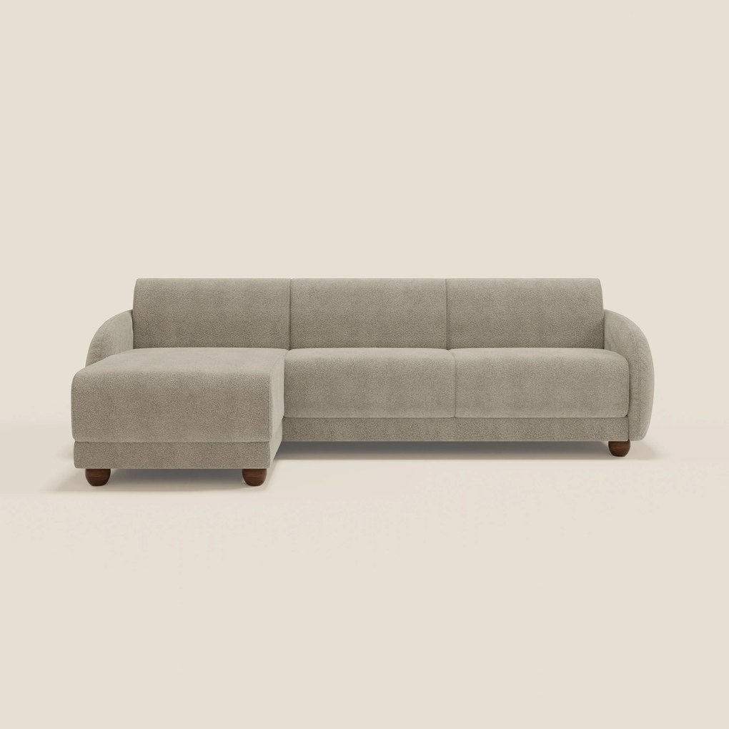 Giglio divano letto angolare con materasso alto 18 cm e penisola contenitore in morbido bouclé impermeabile T07 beige