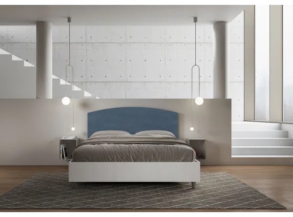 Letto contenitore da 160x190 in legno bianco e testata in microfibra blu Antilia