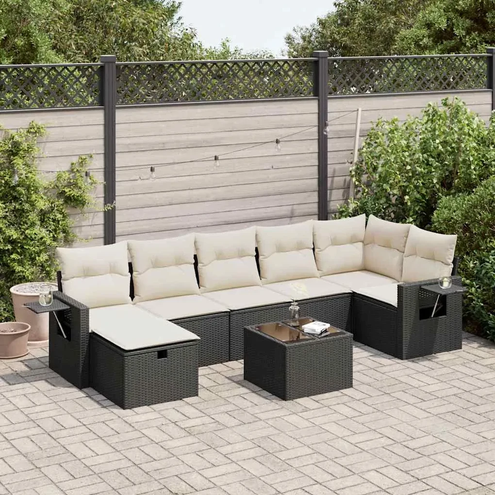 Set divani da giardino con cuscini 8 pz nero in polyrattan