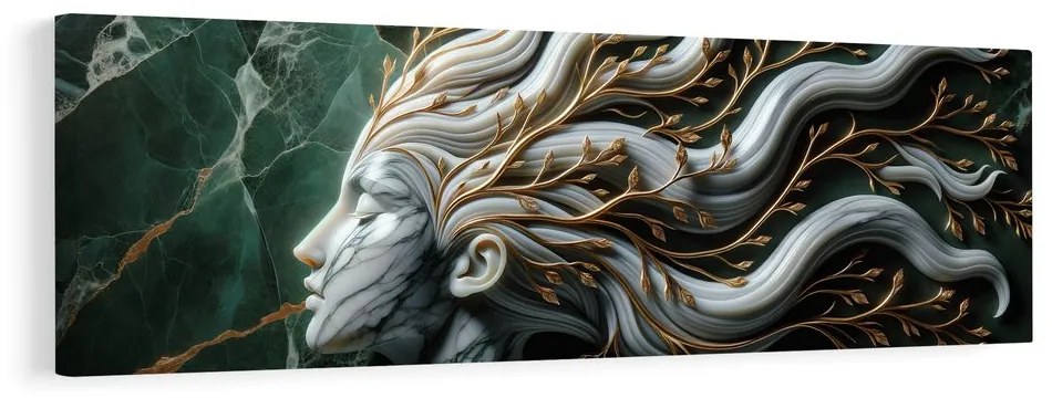 Quadro su tela – Donna unita alla natura con foglie dorate