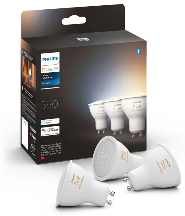 Set da 3 lampadine LED, GU10 faretto, opaco, cct, 4.3W= 350LM (equiv 50 W), 42° dimmerabile, PHILIPS HUE