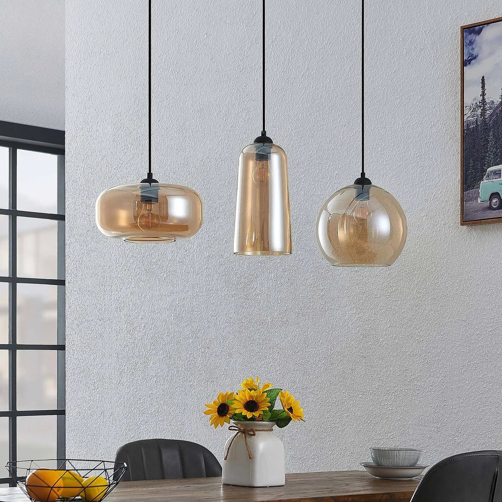 Lampada a sospensione in vetro Wilja Lucande, dimmerabile, Crema / Ambra, Soggiorno / Sala da pranzo, Vetro, Vintage, Lampada a sospensione