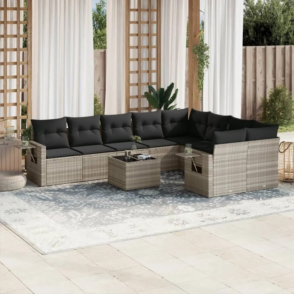 Set divano giardino 10 pz con cuscini grigio chiaro polyrattan