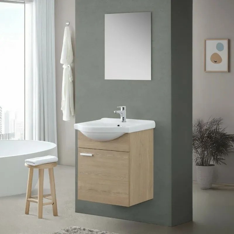 Mobile bagno sospeso 55 cm Rovere Dolomite completo di lavabo e specchio Desya
