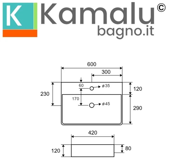 Kamalu - Lavabo appoggio filo muro 60cm ceramica bianca | Litos-0005