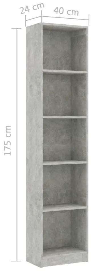 Libreria 5 Ripiani Grigio Cemento 40x24x175cm Legno Multistrato